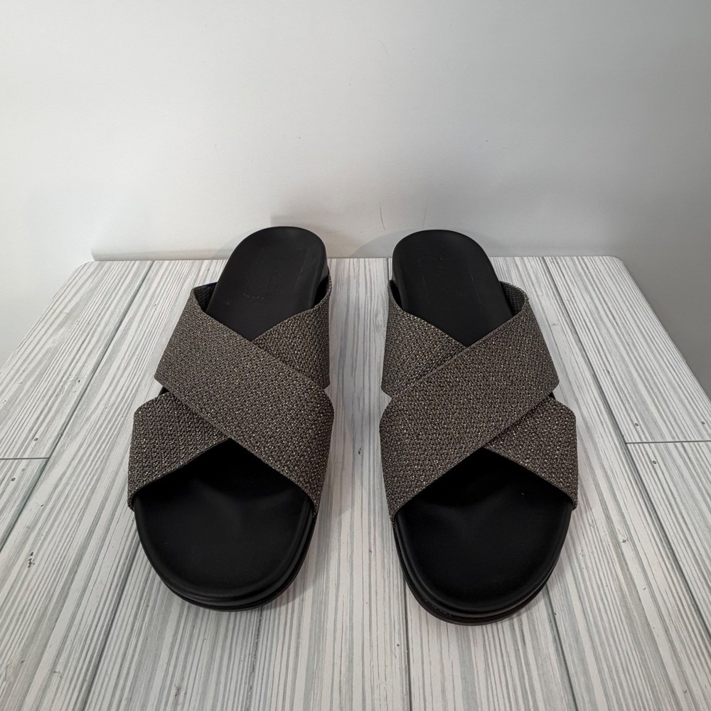 Rothys The Weekend Slide Silver Sand Metallic Knit Crisscross Sandals Womens 9.5